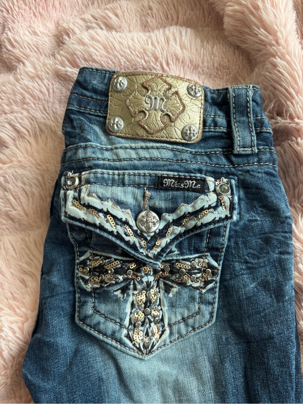 Miss Me Blue Denim boot Jeans with Gold Patch & Sequin Embellishment